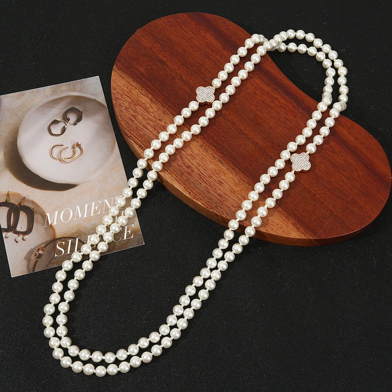 Korean Style Fresh Flower Inlaid With Diamonds And Pearls, Sweet, Fashionable And High-End Multi-Layered Long Sweater Chain, Small Jewelry Necklace - Image 1